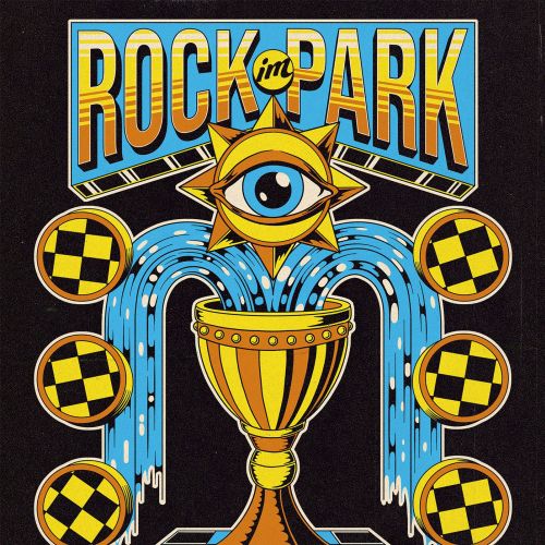 Philipp Beck 작가의 황금 성배, 눈, 체크무늬 구체가 있는 Rock im Park 2023 상품 디자인