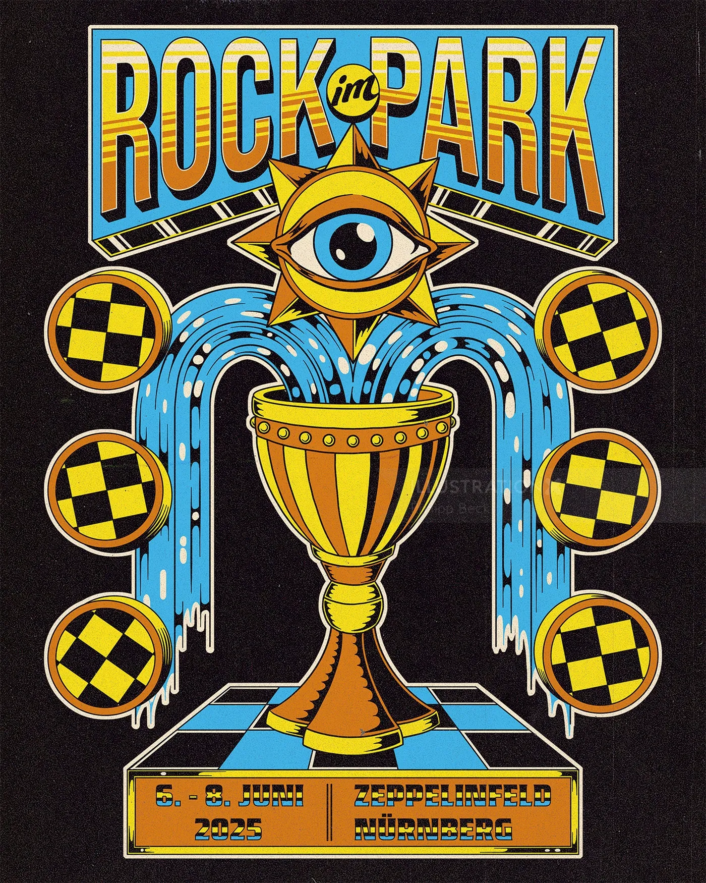 Rock im Park 2023 merch design with golden chalice, eye, and checkered spheres by Philipp Beck
