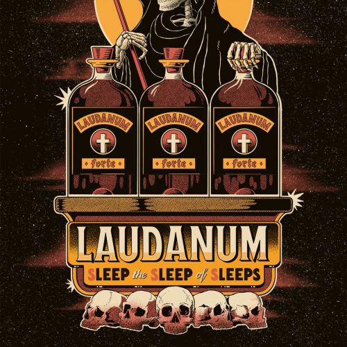 Grim Reaper holding scythe behind three laudanum bottles, skulls below, by Philipp Beck