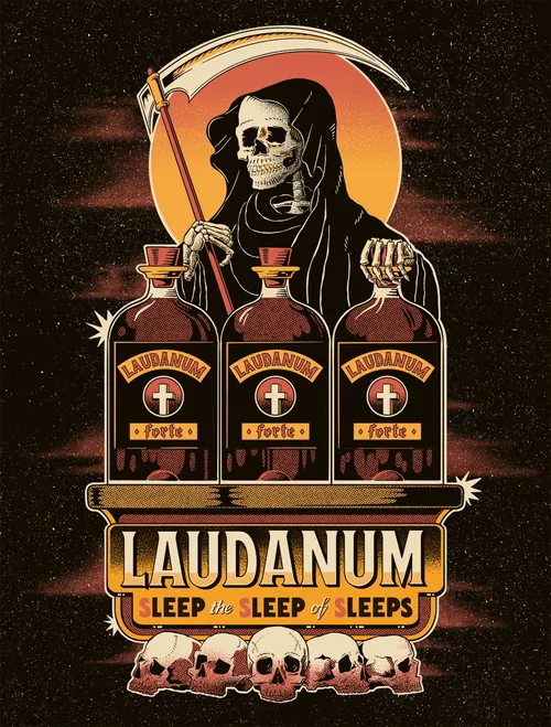 Grim Reaper holding scythe behind three laudanum bottles, skulls below, by Philipp Beck