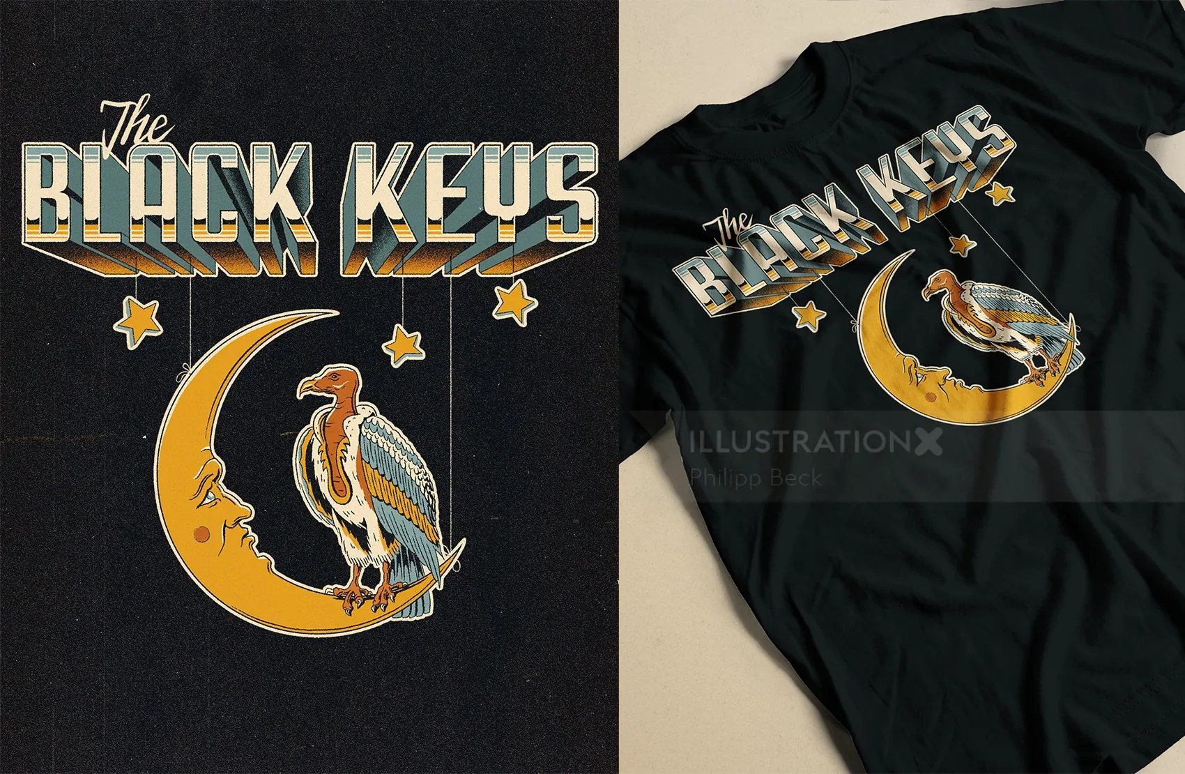 The Black Keys merch with moon and vulture design by Philipp Beck