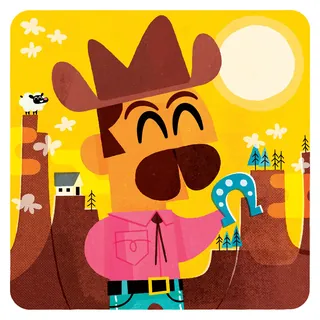 Cartoon cowboy with mustache holding a blue horseshoe under bright sun by Pintachan