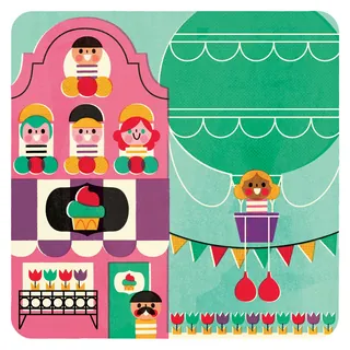 Colorful cartoon market scene with characters and hot air balloon by Pintachan