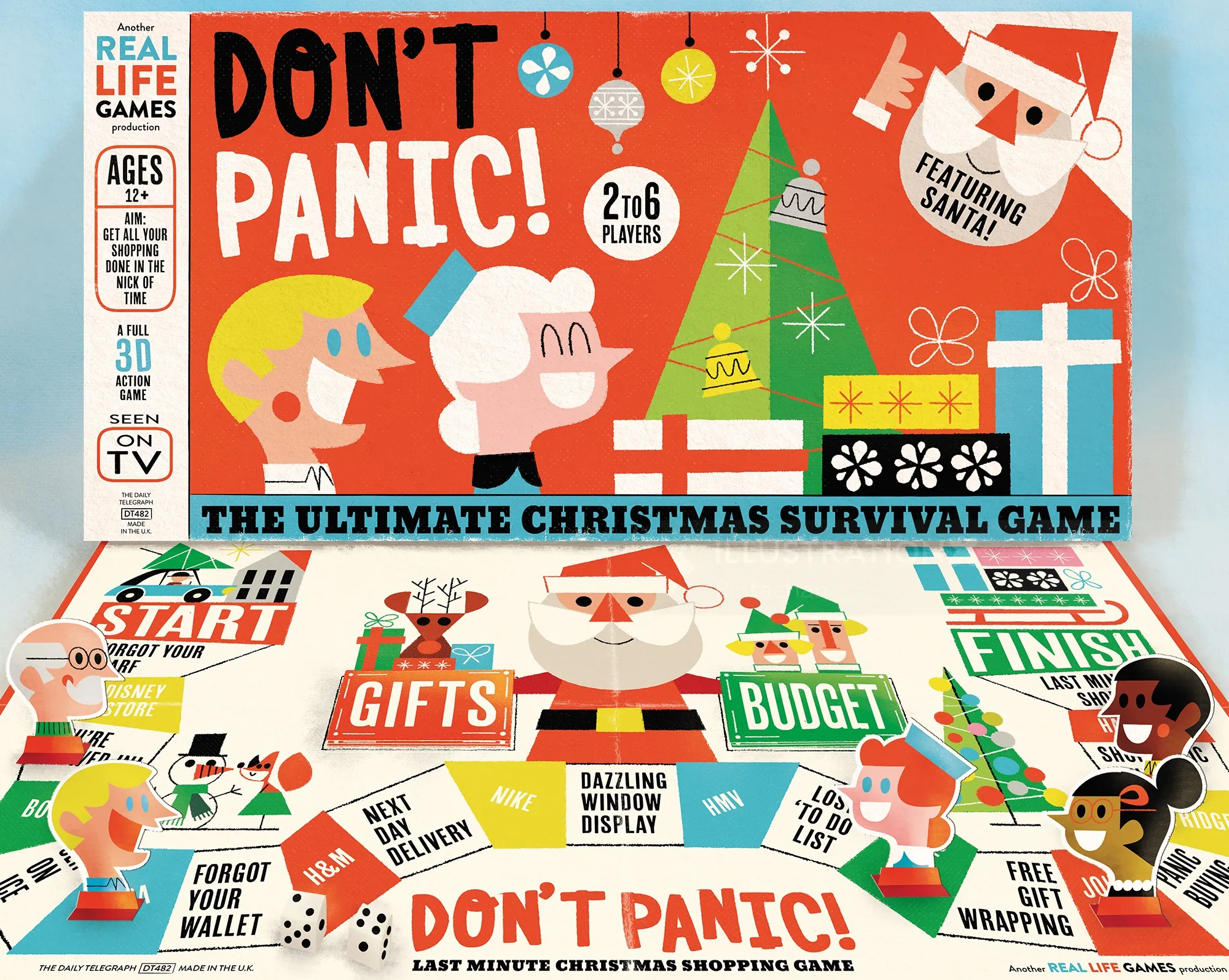 Don't Panic! Christmas survival board game with Santa and festive elements, by Pintachan