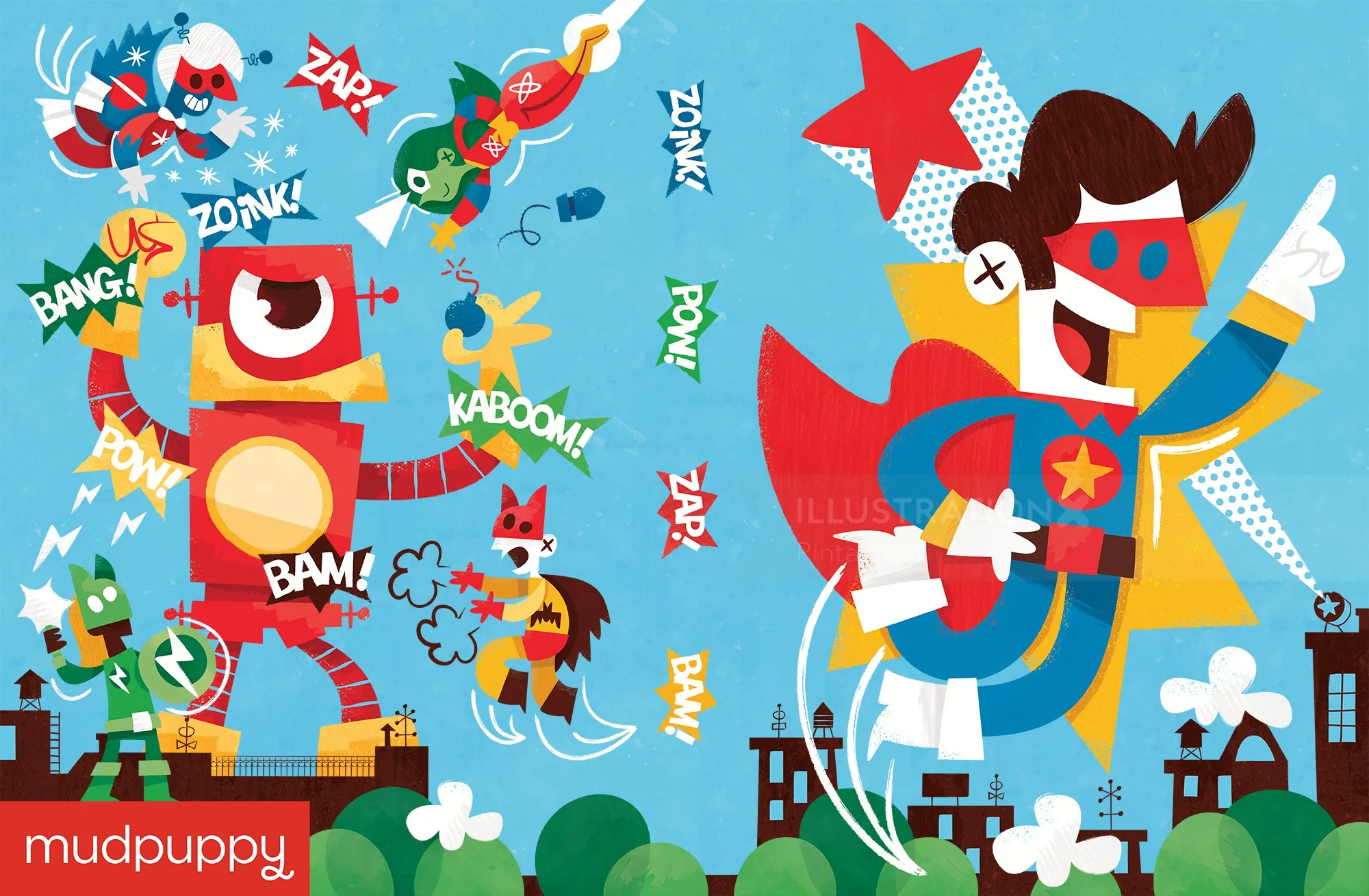 Colorful robot and superhero cartoon with comic-style sound effects by Pintachan