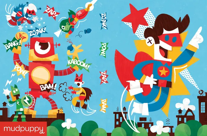 Colorful robot and superhero cartoon with comic-style sound effects by Pintachan