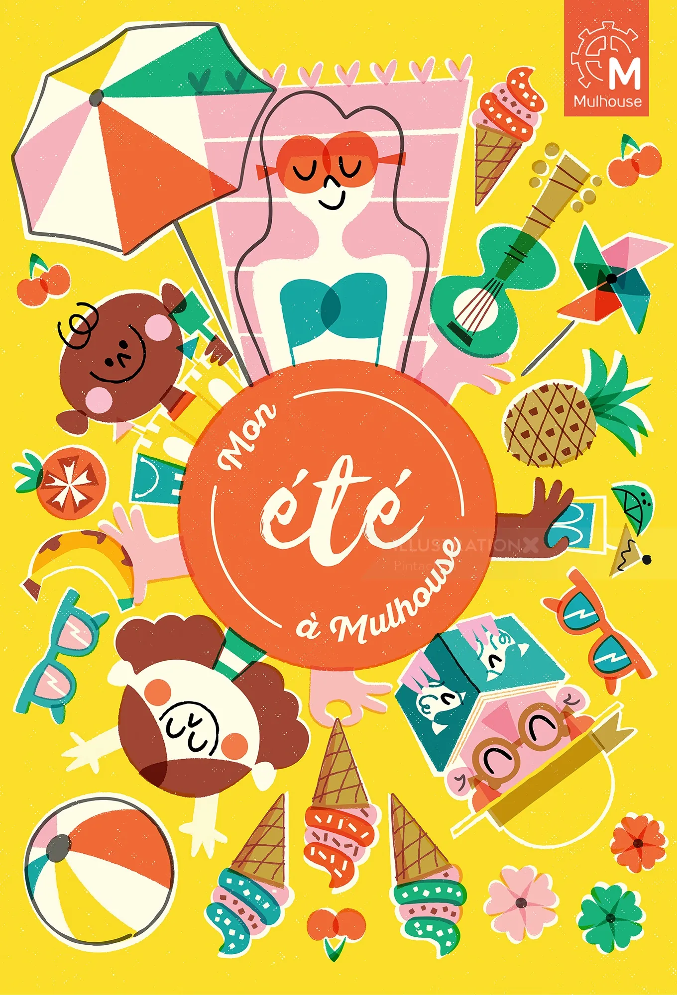 Summer-themed illustration with characters, beach items, and tropical elements by Pintachan
