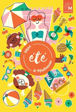 Summer-themed illustration with characters, beach items, and tropical elements by Pintachan