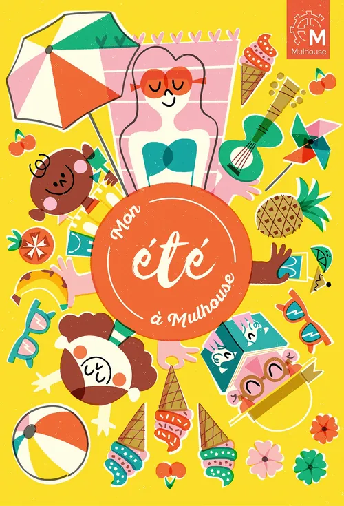 Summer-themed illustration with characters, beach items, and tropical elements by Pintachan