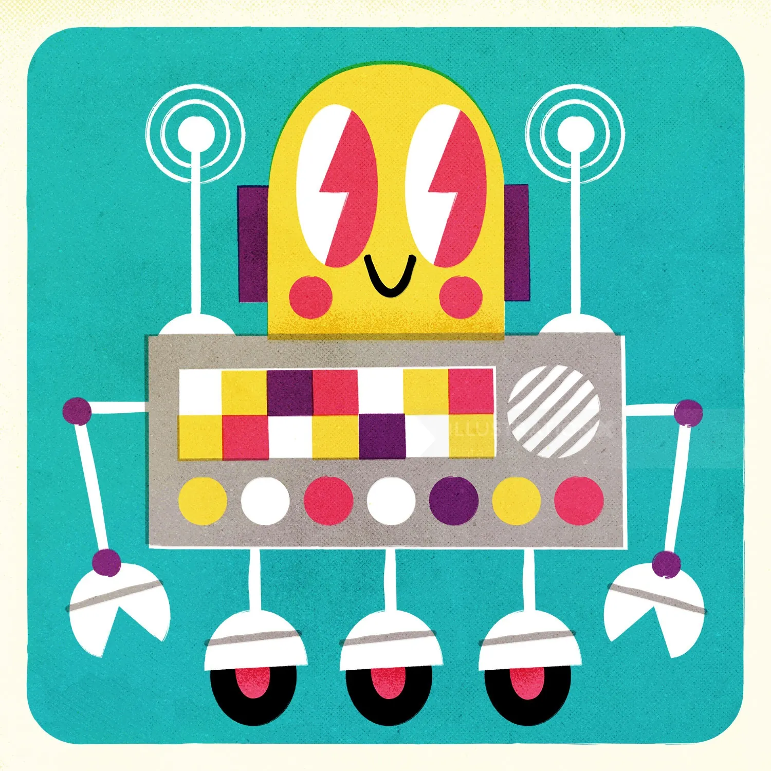 Cartoon robot with lightning bolt eyes and wheels, illustration by Pintachan