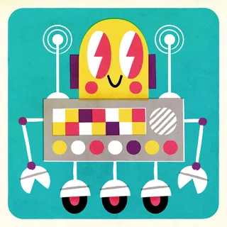 Cartoon robot with lightning bolt eyes and wheels, illustration by Pintachan
