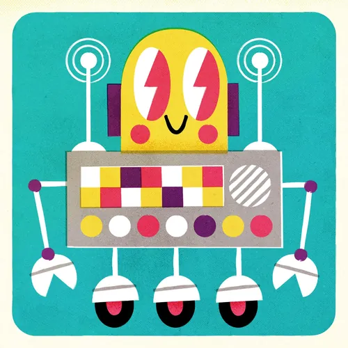 Cartoon robot with lightning bolt eyes and wheels, illustration by Pintachan