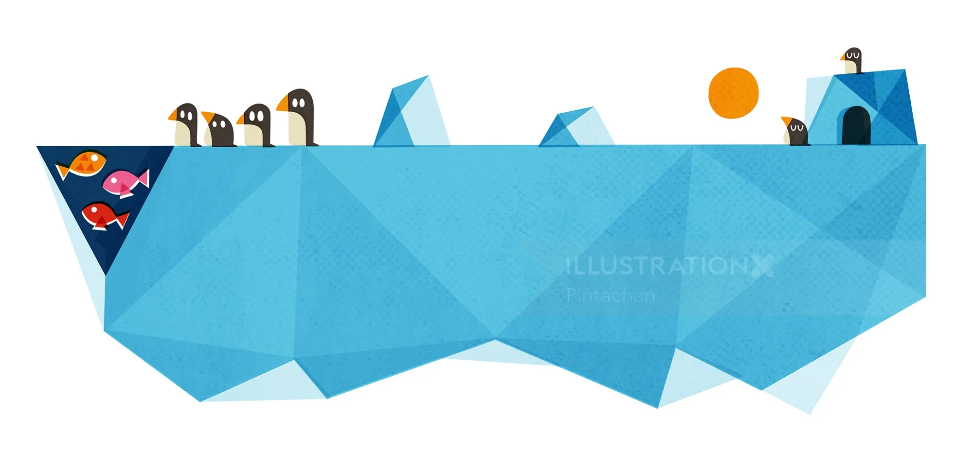 Geometric blue iceberg with birds and fishes by Pintachan