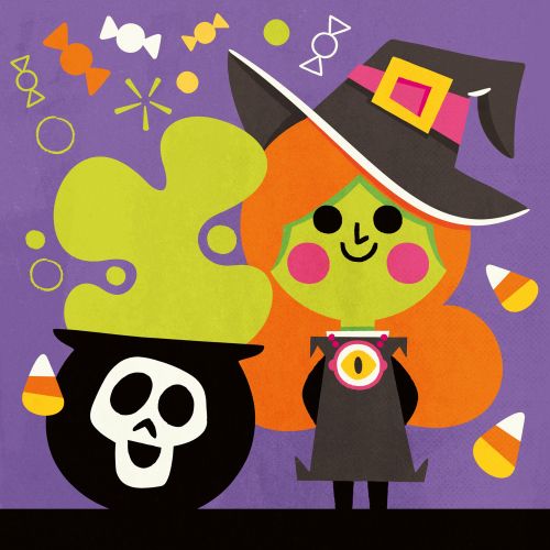 Cartoon witch with orange hair and hat standing by black cauldron with green potion by Pintachan
