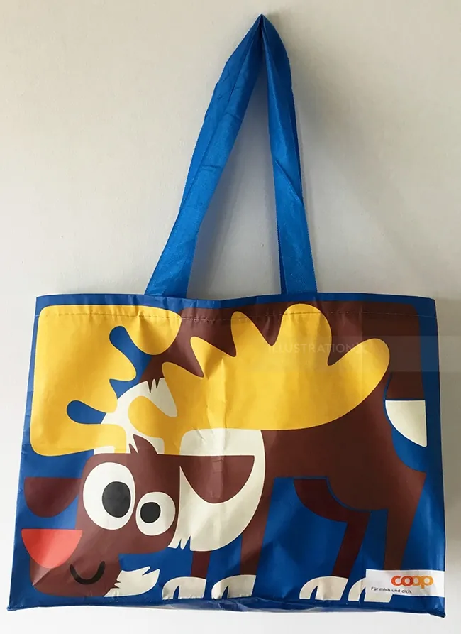 Colorful tote bag with cartoon moose design by Pintachan