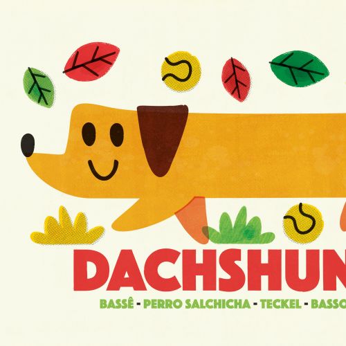 Cartoon dachshund dog with leaves and tennis balls, artwork by Pintachan