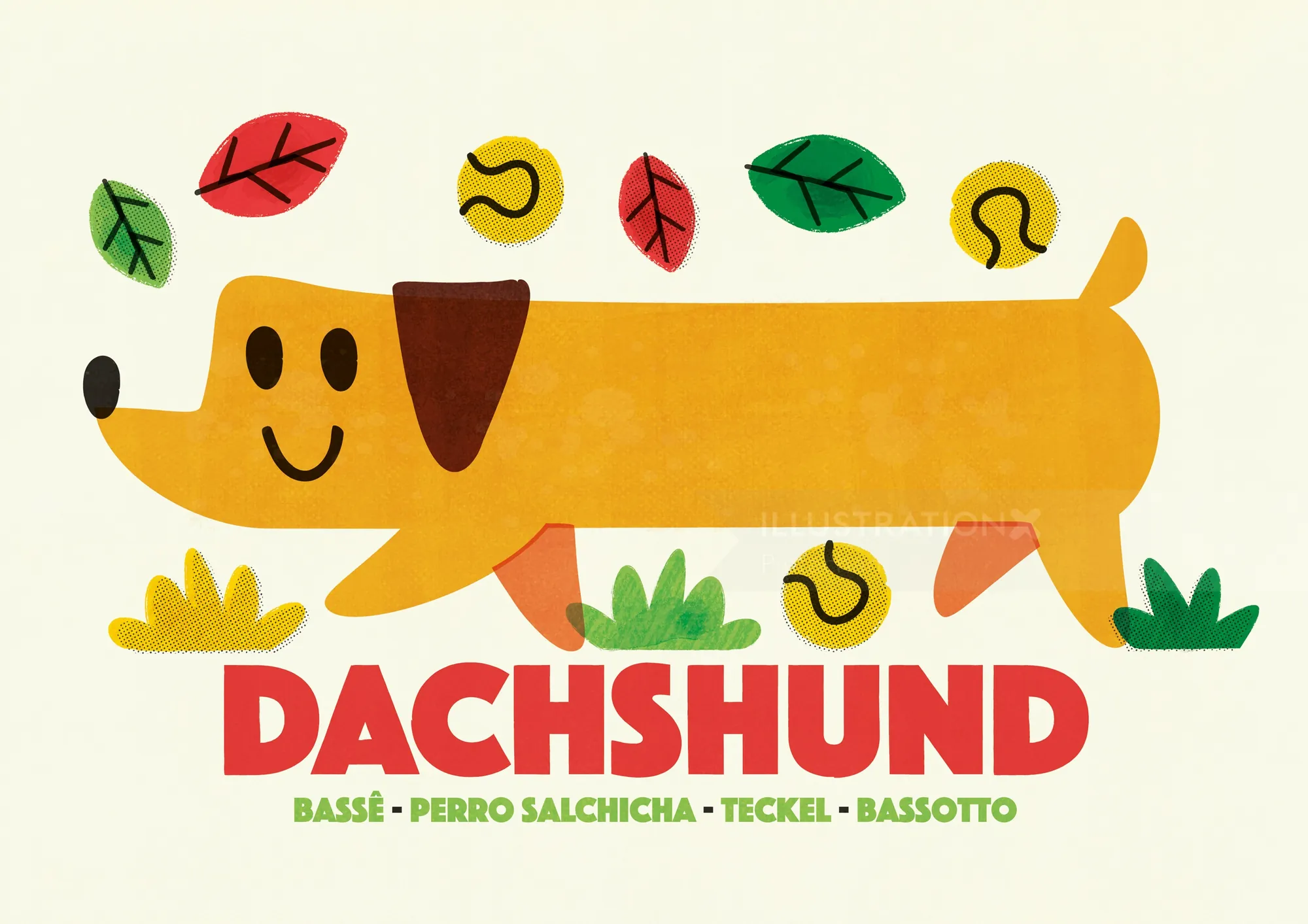 Cartoon dachshund dog with leaves and tennis balls, artwork by Pintachan