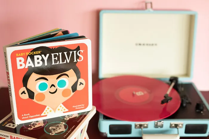 Childrens book Baby Elvis and vinyl record on record player by Pintachan