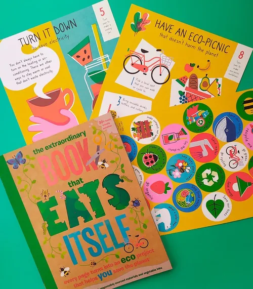 Eco-friendly book cover and colorful illustrated activity pages by Pintachan