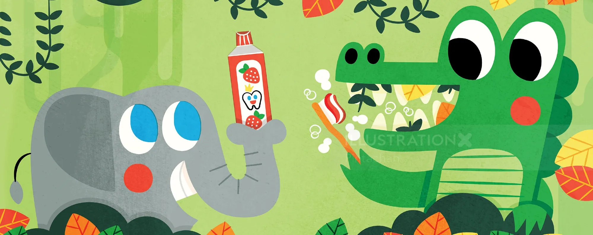 Cartoon elephant and crocodile brushing teeth with toothpaste by Pintachan
