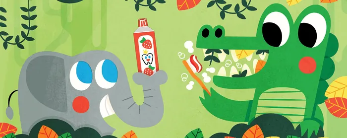 Cartoon elephant and crocodile brushing teeth with toothpaste by Pintachan