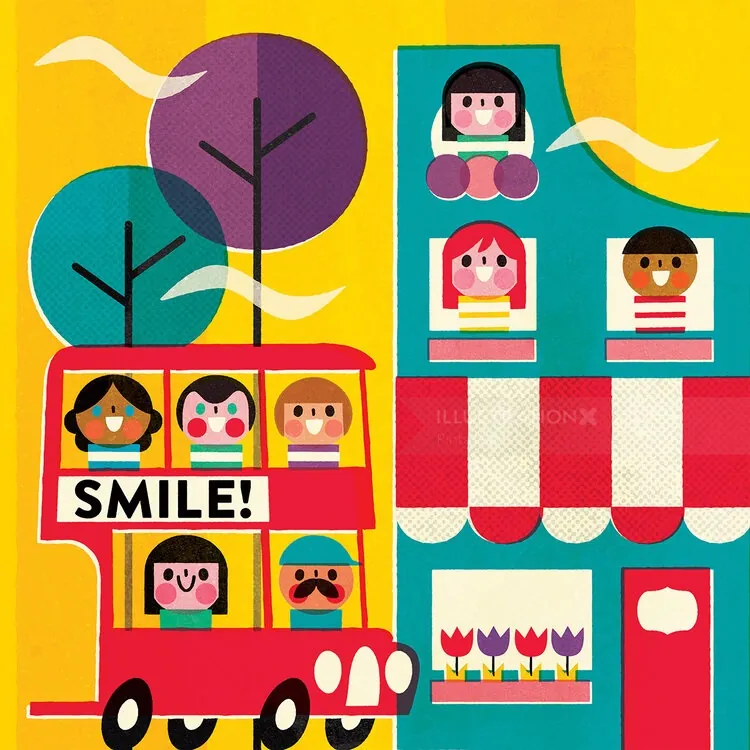 Children smiling on a red double-decker bus near a colorful house by Pintachan