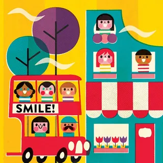 Children smiling on a red double-decker bus near a colorful house by Pintachan