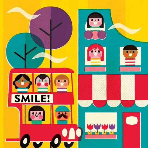 Children smiling on a red double-decker bus near a colorful house by Pintachan