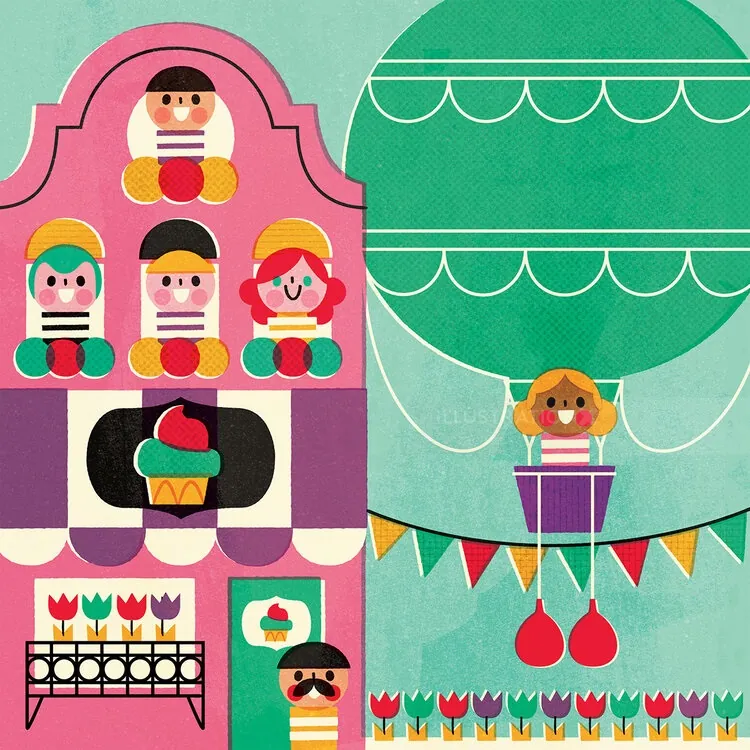 Fairground scene with cupcake stall and hot air balloon by Pintachan