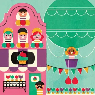Fairground scene with cupcake stall and hot air balloon by Pintachan