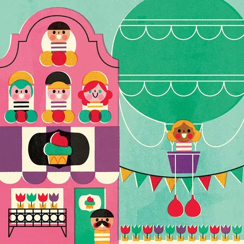 Fairground scene with cupcake stall and hot air balloon by Pintachan