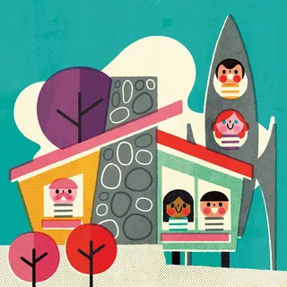 Bright house with five colorful characters in windows and stylized trees by Pintachan