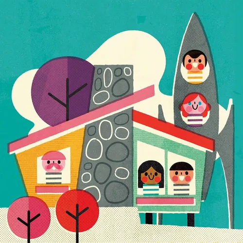 Bright house with five colorful characters in windows and stylized trees by Pintachan