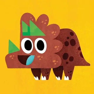 Cartoon triceratops with green horns on yellow background by Pintachan