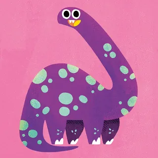 Cartoon purple dinosaur with green spots and big eyes by Pintachan