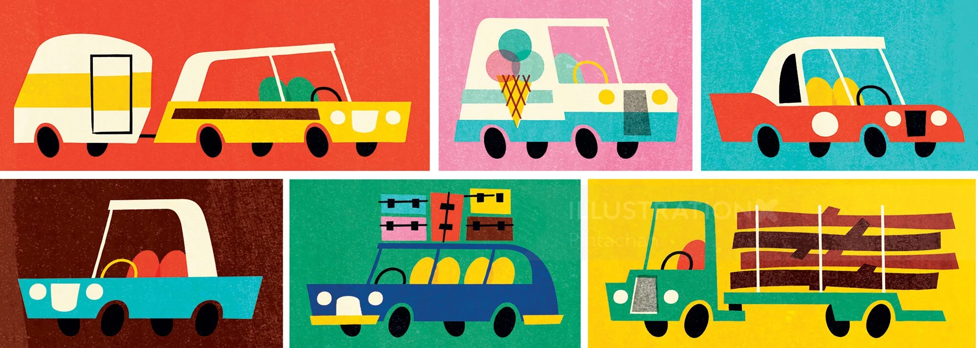 Cartoon cars carrying items on bright colorful background by Pintachan