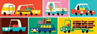 Cartoon cars carrying items on bright colorful background by Pintachan