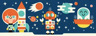 Colorful retro space illustration with astronaut, robot, and alien by Pintachan