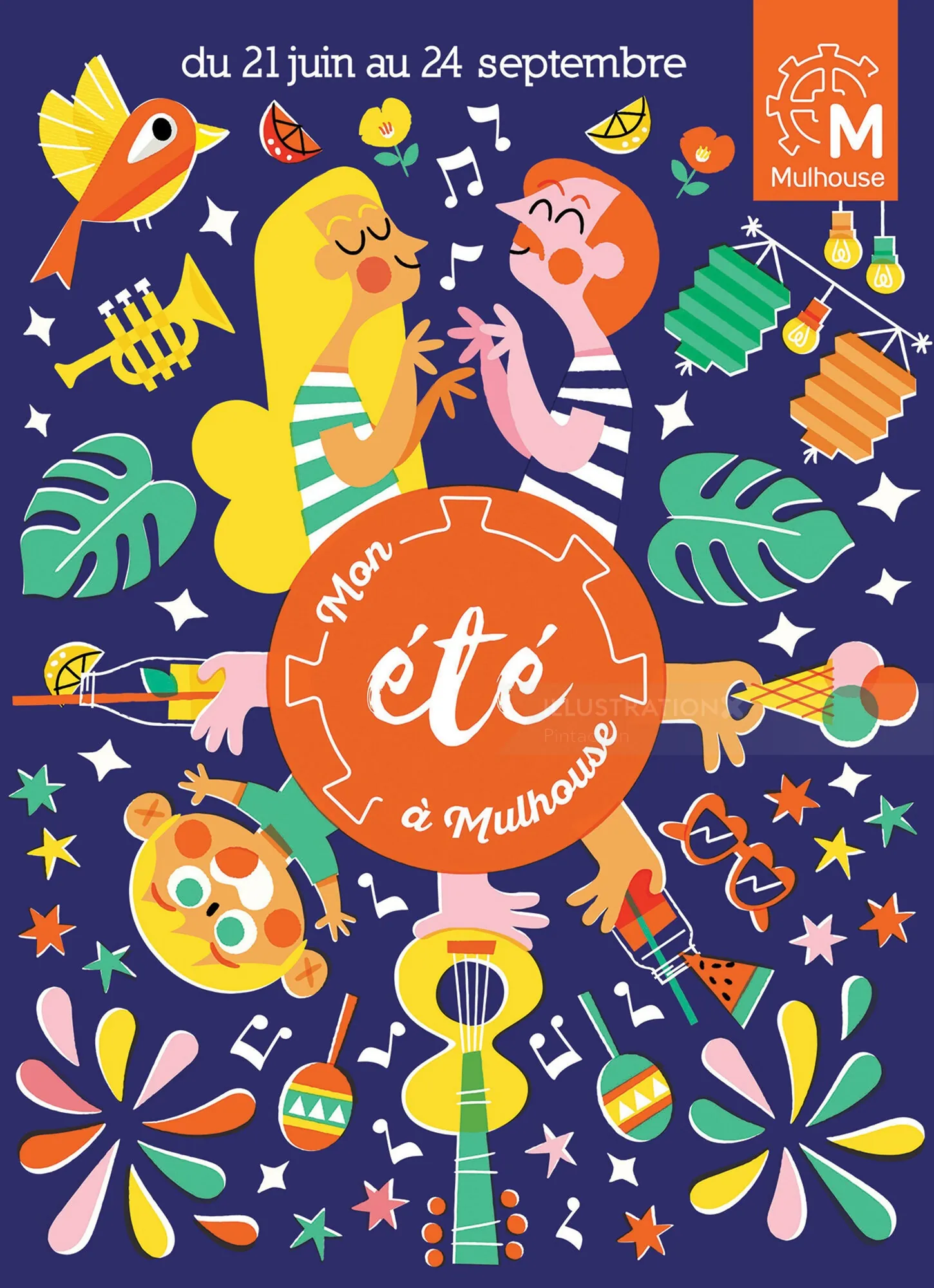 Vibrant Mulhouse summer festival poster with musical instruments by Pintachan