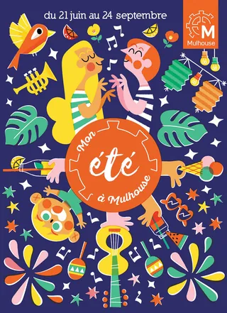 Vibrant Mulhouse summer festival poster with musical instruments by Pintachan