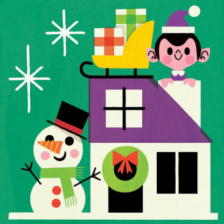 Casa navideña decorativa de niño y muñeco de nieve.