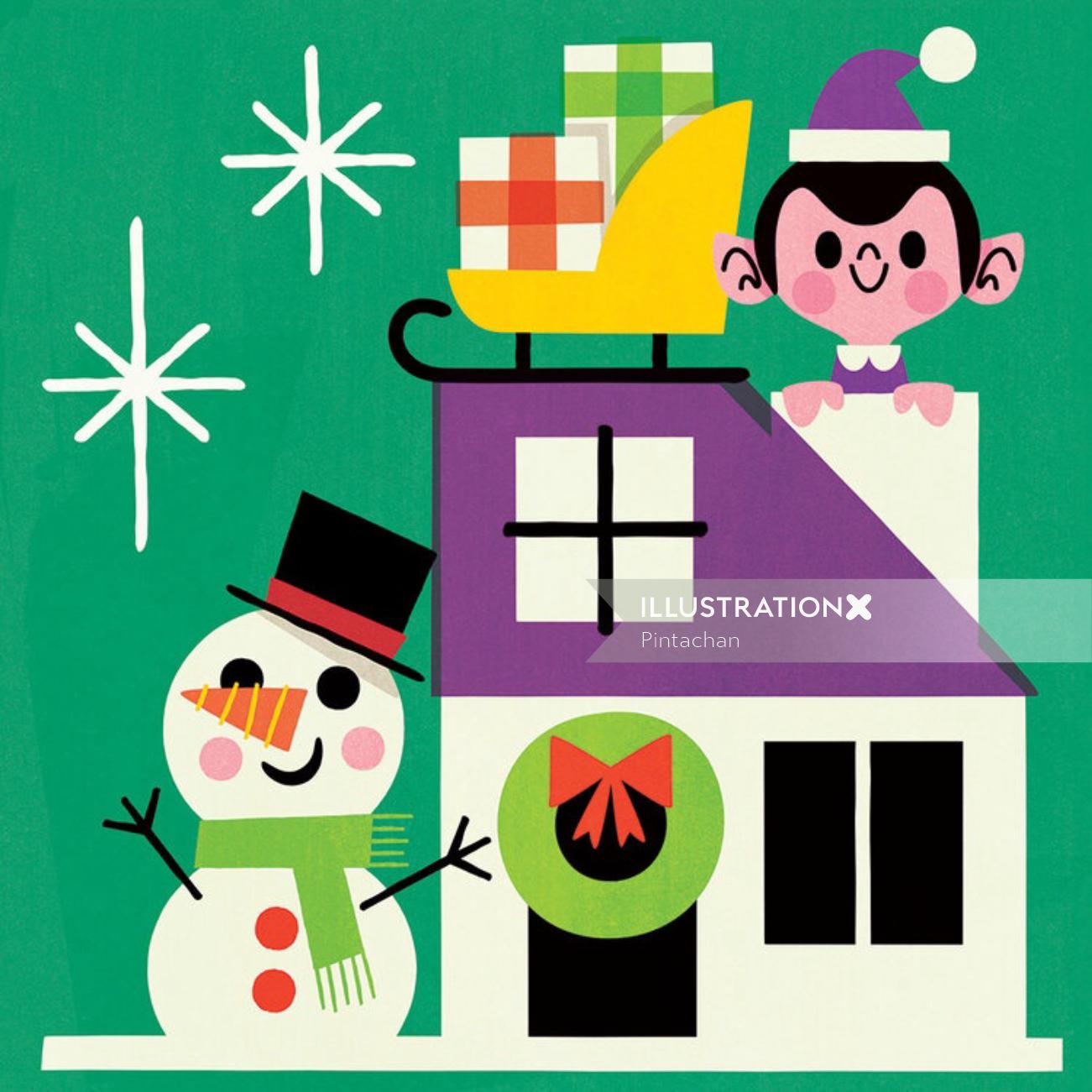 子供と雪だるまによる装飾的なクリスマスの家