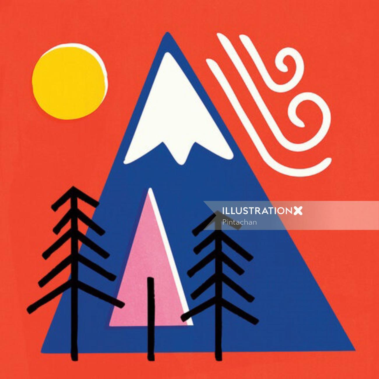 Abstract illustration Mountain with Sun and Trees