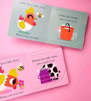 Children's book pages showing hen, bee, cow, and milk churn illustrations by Pintachan