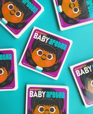 Cartoon baby Aretha cards spread on turquoise background by Pintachan