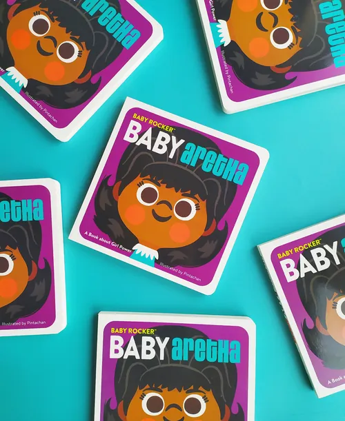 Cartoon baby Aretha cards spread on turquoise background by Pintachan