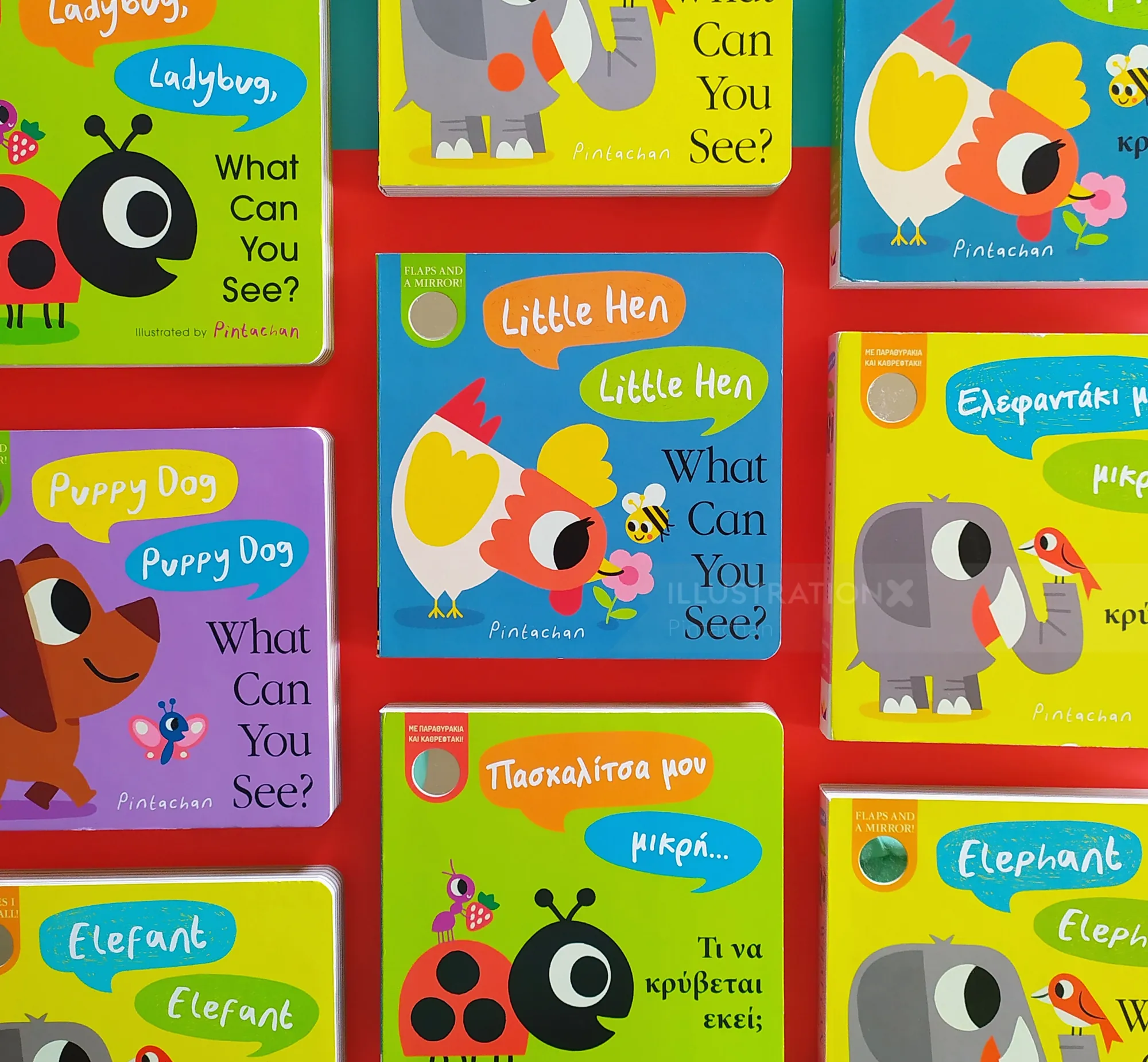 Colorful children's board books showing animals and text by Pintachan