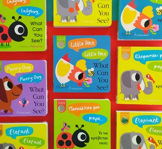 Colorful children's board books showing animals and text by Pintachan