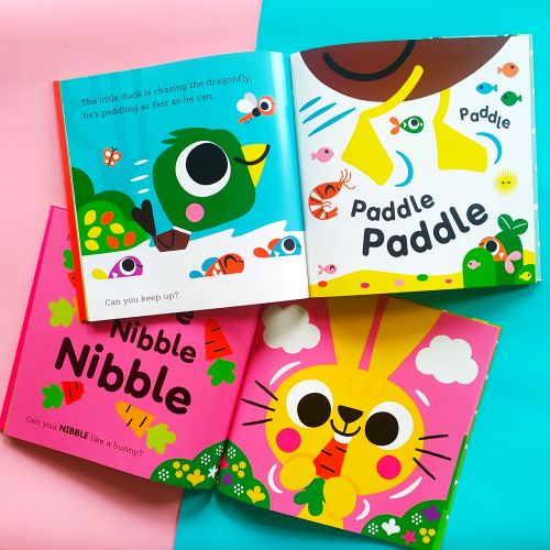 Colorful children's board books with animals and playful illustrations by Pintachan