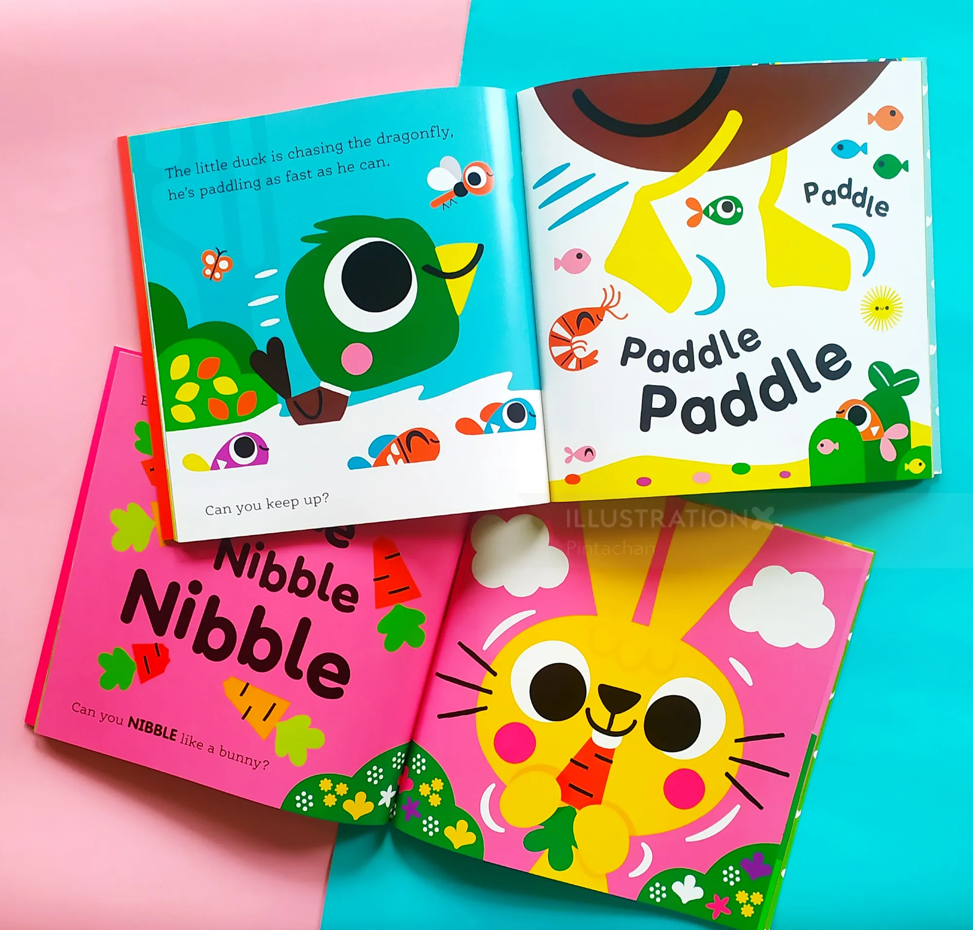 Colorful children's board books with animals and playful illustrations by Pintachan